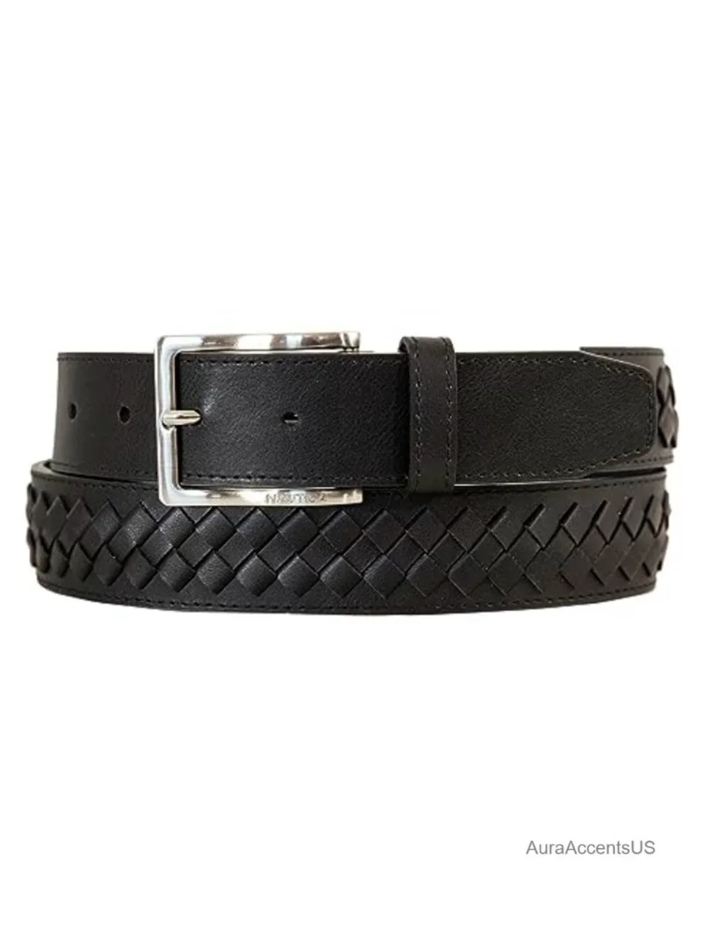 Genuine Leather Dress Belt with Woven Accent Metal Buckle